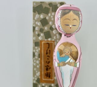 Vintage Japanese kokeshi doll Pink Christmas Nativity Mary Baby Jesus - Box 2