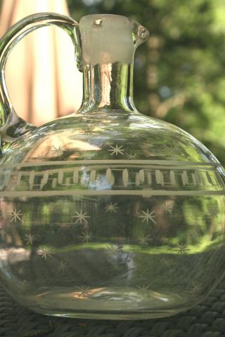 Antique Glass Pitcher Cruet Oval Shape Etched 2 Pints Stunning