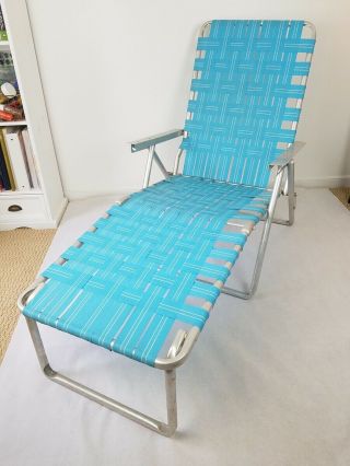 Vintage Aluminum Folding Lawn Chair Beach Webbed Chaise Lounge Woven Blue