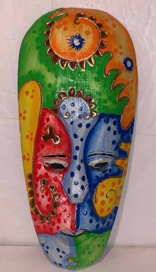 Colorful Carved Wood African Mask Hand Painted Wall Decor 12 "