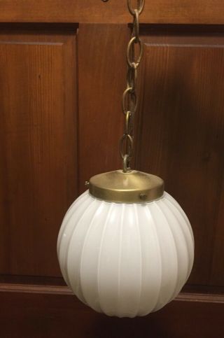 Vintage Mid Century Round Ribbed Milk Glass Globe Light Fixture