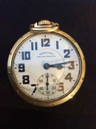 1930s Hamilton Railroad 992 Pocket Watch 10 Karat Gold Filled Case Size 16,