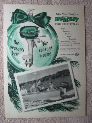 Vintage 1948 Mercury Rocket Outboard Boat Motors Christmas Kiekhaefer Print Ad