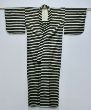 Japanese Silk Antique Kimono / Meisen / Black & White / Border / Vintage /420