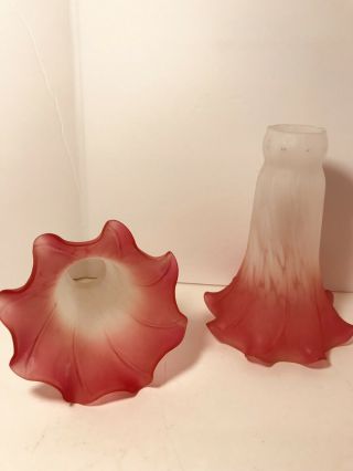 2 Tiffany Style Art Glass Lamp Shade PAIR Frosted Pink Tulip Lily Globe 3