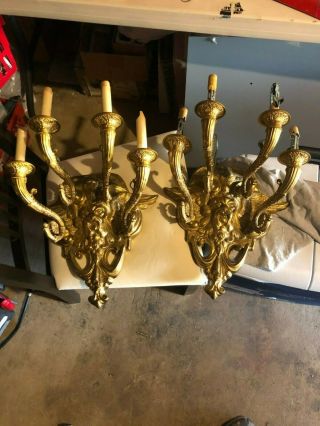 Vintage? Pair Heavy Brass 4 Arm Electric Wall Scones Lion Head Wings Griffin
