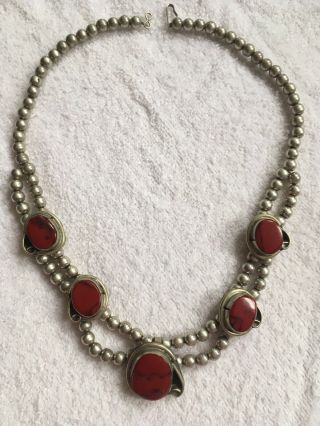 Mexican Sterling Silver Necklace With 5 Large Red Jasper Gems.  Vintage.
