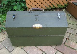Vintage Large Simonsen Metal Fishing Tackle Tool Box Canitlever Leather Handle