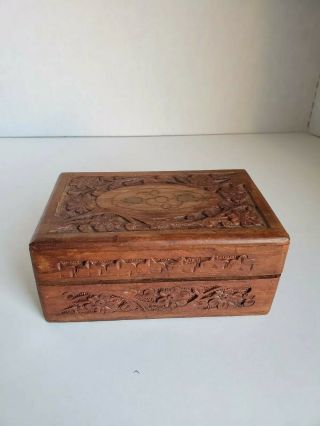 Vintage Hand Carved Wooden Box Made In India Rectangle Hinged Lid Trinket Box