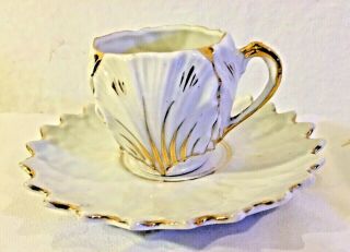 Vintage Porcelain China Demitasse Cup And Saucer White Gold Figural Flower
