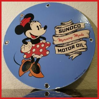 Vintage Sunoco Gasoline Porcelain Gas Oil Mickey Minnie Mouse Walt Disney Sign