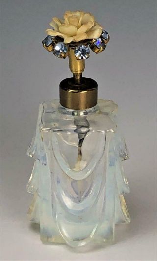 French Opalascent Draped Curtain Blue Rhinestone White Rose Scent Perfume Bottle