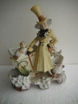Antique Bisque Figurine Lady,  Dog Planter,  Candle - Holder Incised Mark 7804 Dsp