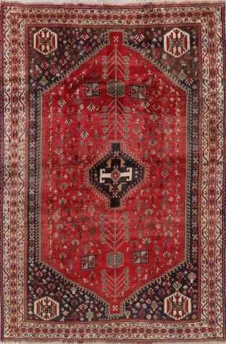 VINTAGE Geometric Tribal Qashqai Oriental Area rug Hand - Knotted RED Wool 6 ' x 8 ' 2