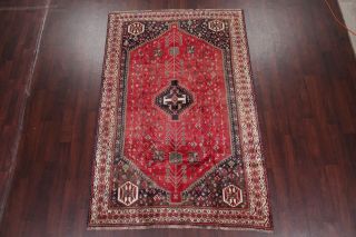 VINTAGE Geometric Tribal Qashqai Oriental Area rug Hand - Knotted RED Wool 6 ' x 8 ' 3