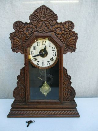 Antique Sessions Mantel Clock In Solid Wood Cabinet Case Needs Serviced Str
