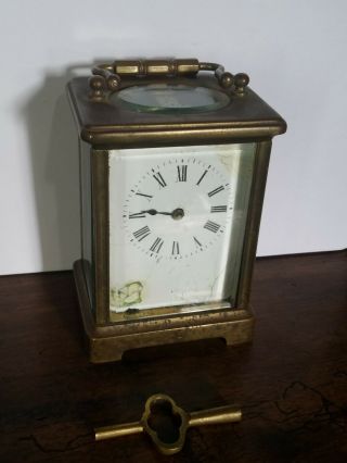 Antique France Brass Carriage Clock W/ Key For Repair Or Parts