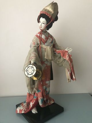 Japanese Vintage Geisha Doll With Wood Base Handmade 17”