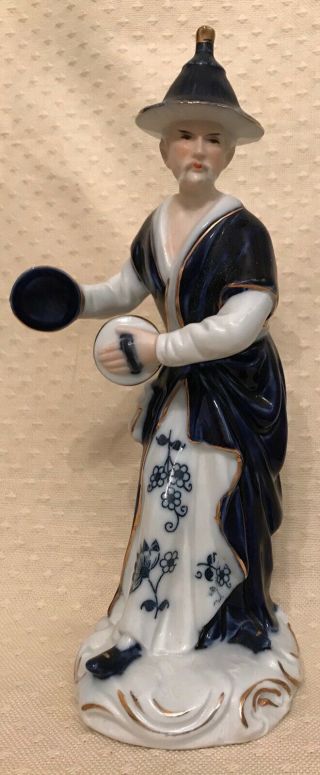 Vintage Blue White Porcelain Kpm Germany Figurine Asian Man Musician Cymbals