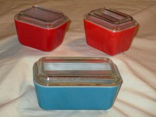Set Of 3 Vintage Pyrex Red Blue Refrigerator Dish Set 501 - 502 With Lids