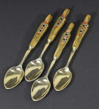 Set Of 4 Vtg Haddad Cutlery Carved Firebird Horn Inlaid Spoons Jezzine Lebannon