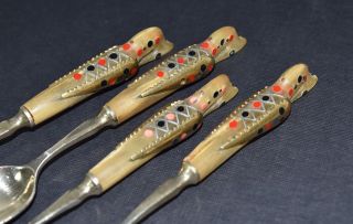 Set of 4 Vtg Haddad Cutlery Carved Firebird Horn Inlaid Spoons Jezzine Lebannon 2