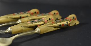 Set of 4 Vtg Haddad Cutlery Carved Firebird Horn Inlaid Spoons Jezzine Lebannon 3