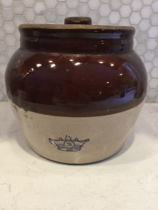 Antique Robinson Ransbottom 3 Stoneware Bean Pot With Lid Handle Blue Crown
