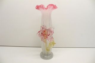 Hand Blown Stevens Williams Style Opalescent Pink Fluted Top Flower Vase