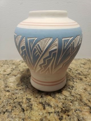 Native American Navajo Etched Vase Pottery Maloney Dineh 5.  5 " Tall