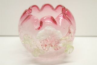 Hand Blown Stevens Williams Style Crackled Etched Applied Flower Rose Bowl