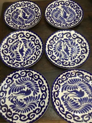 Set Of 6 Vintage Anfora Puebla Blue And White Plate With Bird Handcrafted Mexico