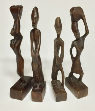 Set Of 4 Hand Carved Wood African Tribal Figurines Drummers & Water Carriers 6”