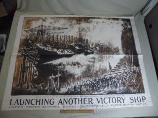 Large World War I Poster Launching Another Victory Ship 57x43 " Wwi Usa