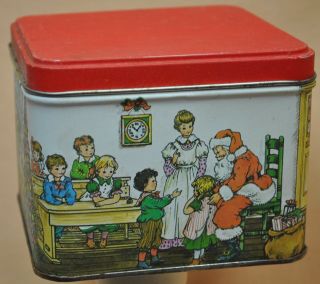 Metal Tin Can Container Christmas Gift Box With Lid Santa Visits One Room School