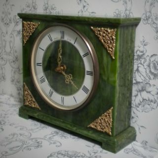 Vintage Bentima Art Deco Mantle Clock.  Green Marble With Ornate Gold Detail.