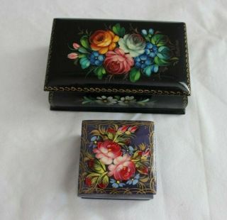 2 Vintage Russian Lacquer Boxes Artist Signed Floral Design