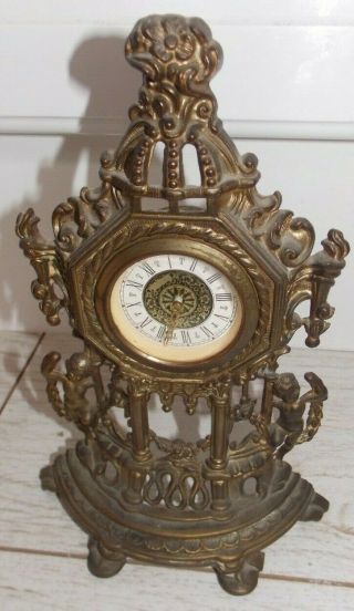 Vintage Gaad West German Brass Toned Metal Mantle Clock With Cherubs