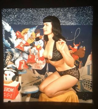 Vintage Bettie Page Photo 3d Stereoscopic Slide Pinup Christmas Scene