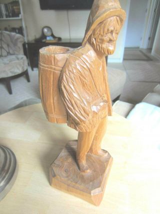 Wooden Canadian Hand Carved Sculpture Caron Canada Fisherman W Basket & String