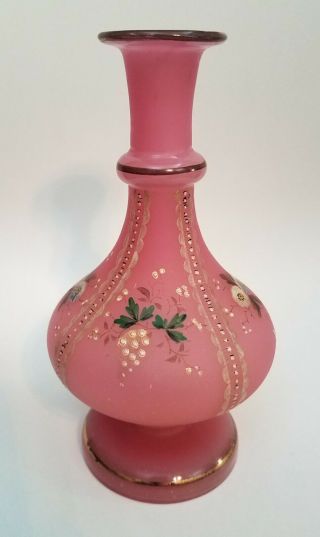 Antique Czech Or French Pink Opaline Glass Perfume Bottle Hand Painted 8 " Nr