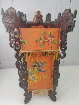 Vtg.  Chinese Carved Wood 6 Headed Dragon Frame Lantern Embroidered Silk Tassels