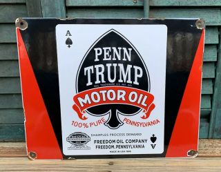 Vintage 1937 Dated Penn Trump Motor Oil Porcelain Gas Station Advertising Sign