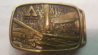 Weyerhaeuser Belt Buckle Vintage 1983 Solid Brass Lumber Mill Made In USA 2