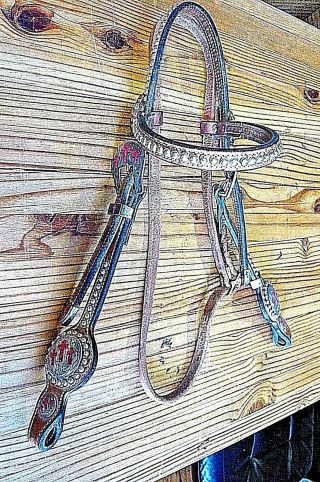 Vintage Horse Head Stall - Cow Person Tack - Silver Tone/red Crosses Accents - Studs
