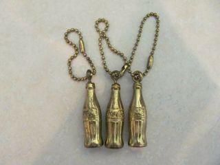 Set Of 3 Vintage Small Coca - Cola Gold Finish Bottle Key Chains