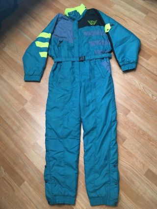 Vtg 80s 90s Aerial Colorblock Full Ski Suit Teal Green Neon Yellow Hood Xxl Ski