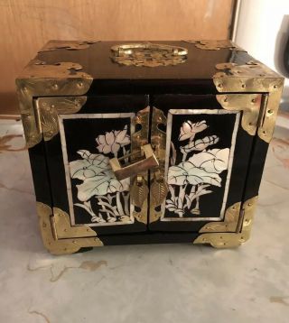 Vintage Black Lacquer & Mother Of Pearl Jewelry Box