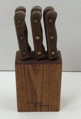 Vintage Chicago Cutlery Set Of 6 103s Steak Knives W/wood Block