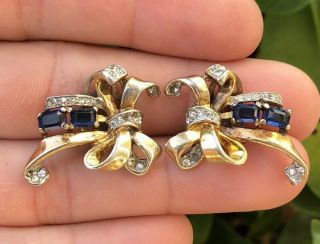 Vtg Crown Trifari Alfred Philippe Sterling Silver Sapphire Bow Clip Earrings